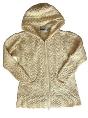 Aran Crafts Ireland Cream Merino Wool Oversized Double Zip Cable Knit Hoodie L